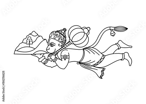 Hanuman flying and carrying Dronagiri mountain with Sanjeevani herbs. Hindu god mythology black and white line art, contour drawing. Isolated coloring page for kids, activity book.