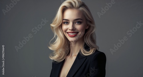 black modern happy on luxury editorial studio background blonde pretty woman portrait fashion style concept photoshoot for banner
