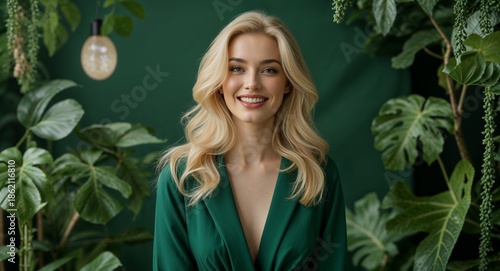 green modern happy on botanical studio setting background blonde pretty woman portrait fashion style concept photoshoot for banner