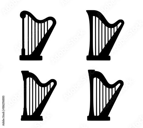 4 harp illustration icons, silhouette, transparent background