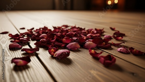 Romantic rose petals scattered on wooden floor in warm lighting