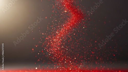 Vibrant red glitter particles exploding in dark background with light beam