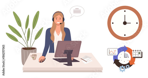 Woman with headset at computer desk, surrounded by symbols of clock, growth graph, and task planner. Ideal for customer support, time management, teamwork, productivity, telecommuting workplace