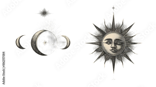 Sun and moon phases illustration, celestial bodies with a human face on white background, astronomy depiction, astrology concept, with brown
