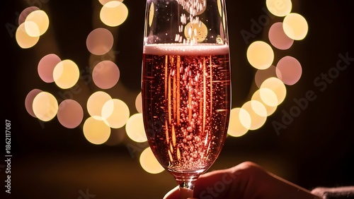 Hand holding champagne glass with bubbly drink and festive lights