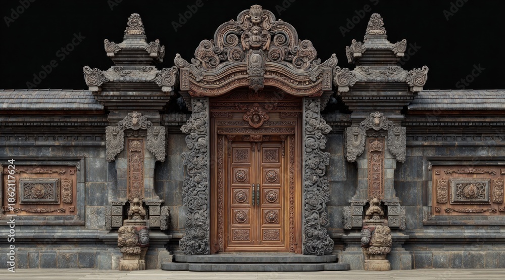 Obraz premium Ornate wooden doorway with carvings and stone accents against dark background