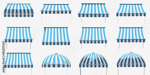 Set of Striped Blue and White Shop Awnings and Canopies in Various Architectural Styles Isolated on Plain Background
