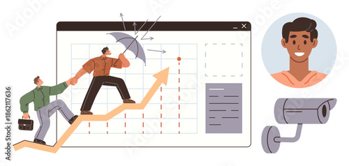 Two people climbing an upward graph arrow, one holding an umbrella against threats, face profile icon, and surveillance camera. Ideal for teamwork, growth, protection, success, security progress