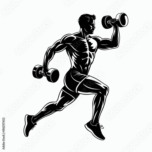 A muscular man is running with dumbbells in a fitness exercise routine