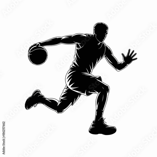 A silhouette of a man playing basketball with a ball in motion