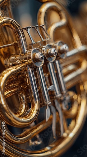 Golden Brass Instrument Detail with Valves and Tubing