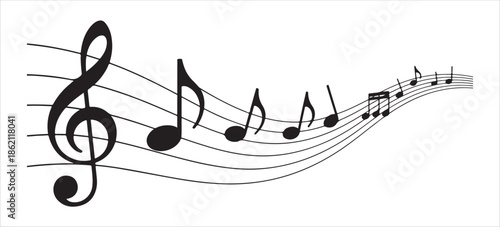 Musical notes with treble clef on curved stave vector illustration, melody composition