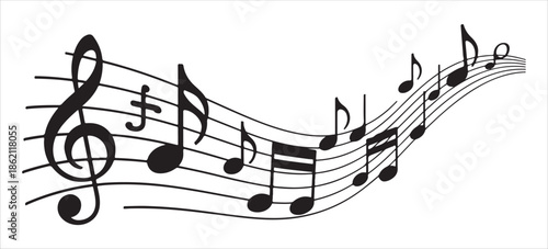 Musical notes with treble clef and stave vector illustration, music composition background
