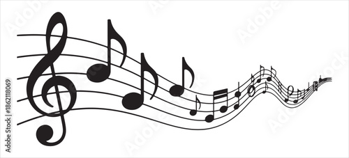 Treble clef and musical notes flowing on staff lines in a musical composition illustration