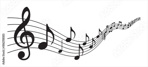 Treble clef and musical notes flowing on staff lines in a musical composition illustration