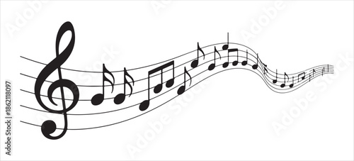 Wavy musical staff with treble clef and notes representing music progression and composition