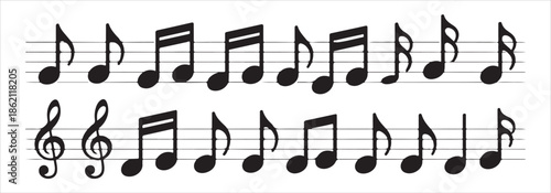 Set of various musical notes symbols on white background for music education and design elements