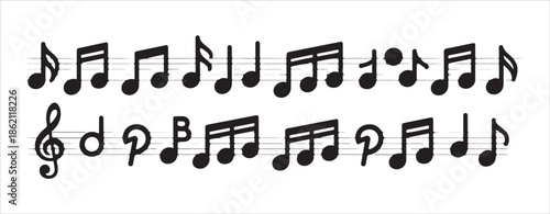 Collection of modern music notation symbols including clef notes rests on horizontal staff lines