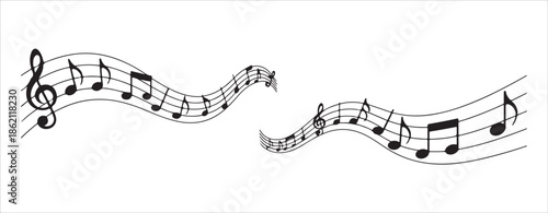Wavy flowing lines of musical notes and treble clef creating dynamic artistic representation of sound