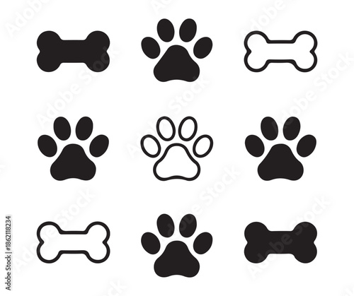 Dog bone and paw print icons set for pet shop or veterinary clinic services simple vector graphics