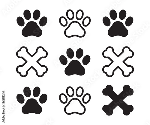 Pet paw prints and crossed bones icons set for animal hospital or shelter branding vector graphics
