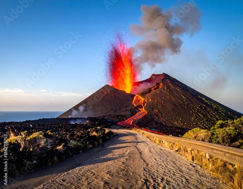 Dramatic Volcanic Eruption with Fiery Lava Flow and Smoke Plume Against a Clear Sky.