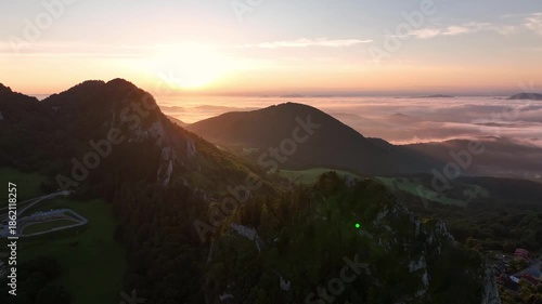 Aerial view of Vrsatec hill in Slovakia - Sunset