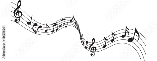 Abstract musical notation with notes on wavy staff lines flowing across plain white background design
