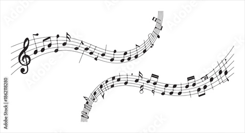 Twin flowing musical staves with elegant black notes and treble clef symbols on white backdrop vector