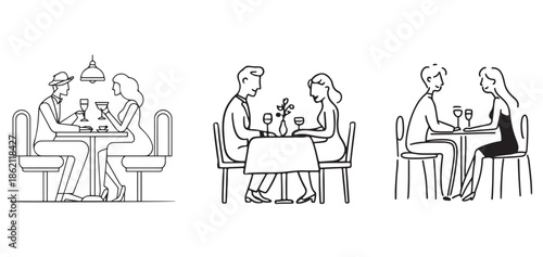 Line Art Set Couples Romantic Dinner Date at Restaurant