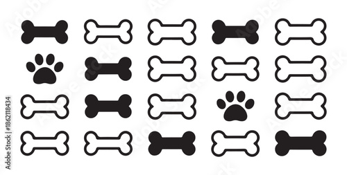 Dog bone silhouette vector icons set for pet shop branding with flat black and white minimal shapes