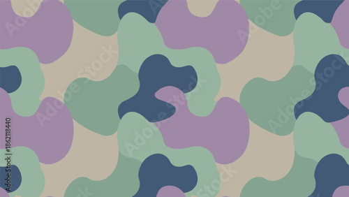 Abstract camouflage pattern, purple green beige blue tones, organic blob shapes, seamless texture design, flat vector illustration