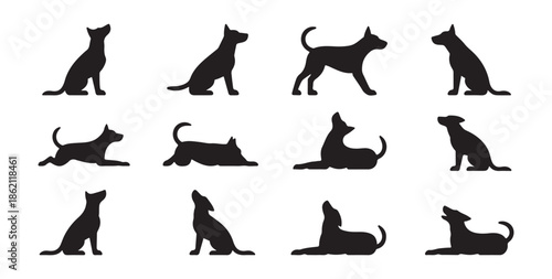 German shepherd dog silhouettes in different poses like sitting standing and lying for animal logos