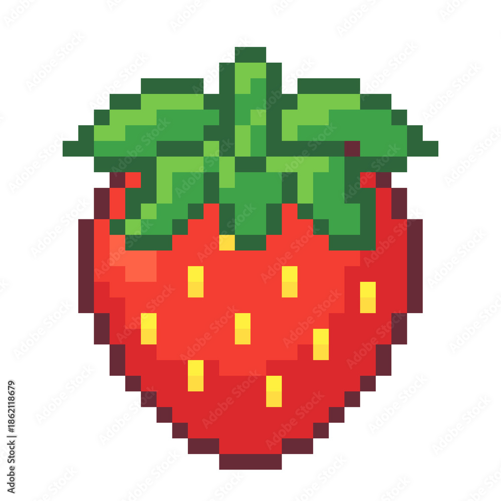 Fototapeta premium Pixel Art Strawberry with Green Leaves and Yellow Seeds on Red Body