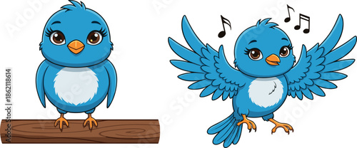 Cute Cartoon Blue Bird Character Set Sitting on a Branch and Flying with Musical Notes, Singing Songbird Vector Illustration for Kids.