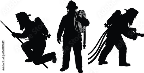 Firefighter silhouettes with hose and equipment, emergency rescue team responding to fire scene, bravery, safety, protection concept illustration design artwork