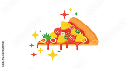 Delicious slice of hawaiian pizza topped with pineapple chunks pepperoni slices green peppers and onions with colorful sparkles.