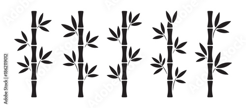 Set of five black bamboo stalks with leaves isolated on white background. vector graphic illustration