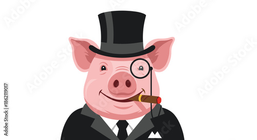Illustration of a sophisticated gentleman pig dressed in a black tuxedo and top hat with a monocle and a smoking cigar.