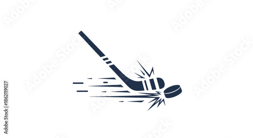 Dynamic silhouette of a hockey stick hitting a puck with motion trails and impact lines against a plain white background.