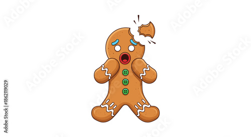 Panicked cartoon gingerbread man with a bite taken from its head and crumbs flying off against a plain white background.