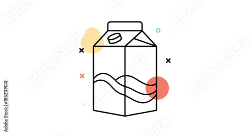 Simple black line art icon of a milk carton box with a cap surrounded by abstract colored shapes and decorative marks.