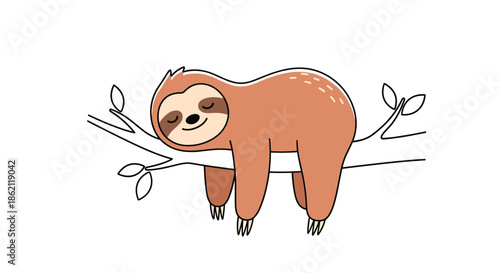 Peaceful illustration of a cute brown sloth sleeping soundly while hanging from a tree branch with simple white leaves.