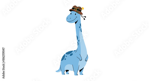 Friendly blue long-necked dinosaur wearing a stylish brown plaid hat with a yellow pompom standing on white background.
