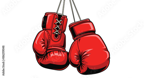 Classic pair of red leather boxing gloves hanging together by their white laces against a plain white background.