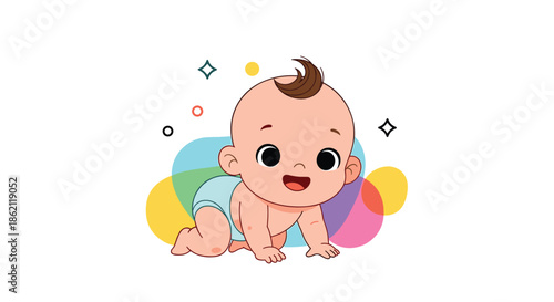 Joyful cartoon baby boy or girl with a tuft of brown hair crawling happily against a colorful abstract shape background.