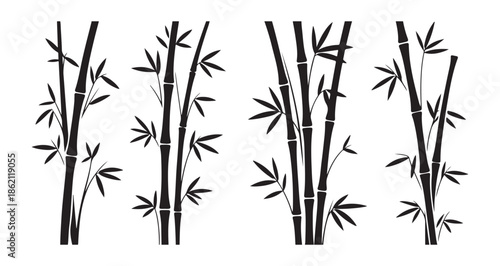 Black bamboo trees with leaves set isolated on white background. vector hand drawn decorative illustration