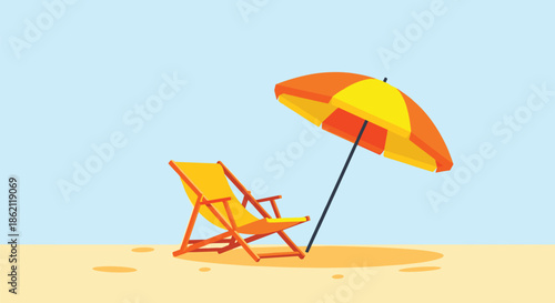 Sunny beach scene with a yellow wooden deck chair placed under a colorful striped umbrella on the golden sand.