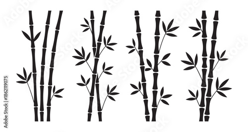 black bamboo branches with leaves silhouette on white background vector set