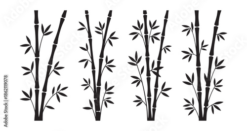 black bamboo branches with leaves silhouette on white background vector set